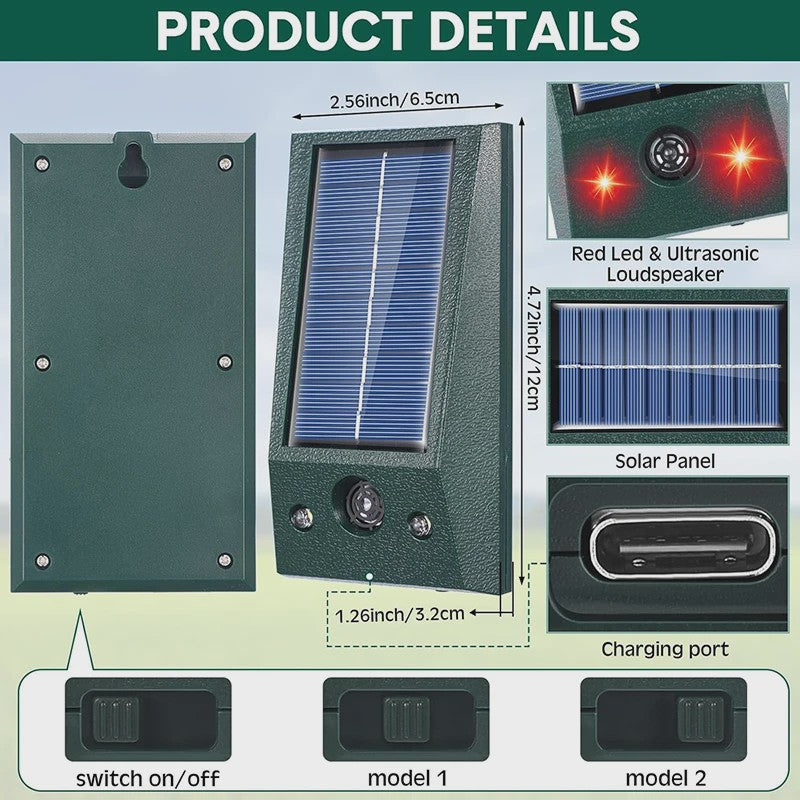 Solar Dier Afweerder met Ultrasone Geluid & LED Licht - Buiten & Binnen