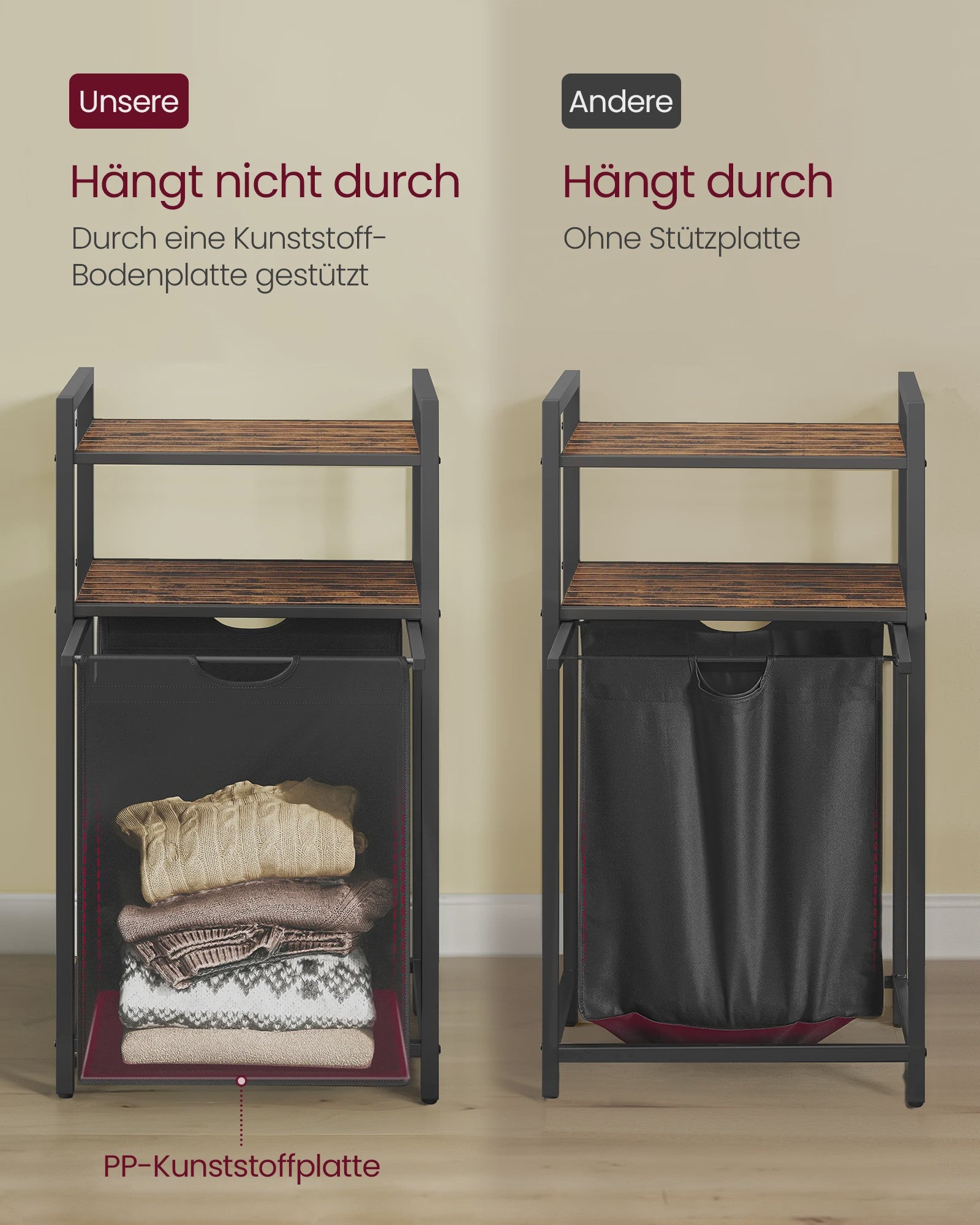 VASAGLE Wasmand met 2 Planken, Uitschuifbaar & Verwijderbare Zak (65L) - Ideaal voor Badkamer & Wasruimte