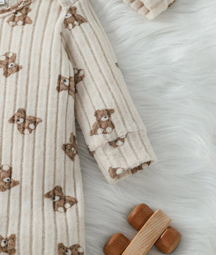 Unisex Baby Romper met Muts - Beige Beerprint - Lange Mouwen - 1-24 Maanden