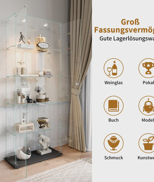 Glazen Vitrinekast met 5 Legborden, LED Verlichting en Slot - Zwart