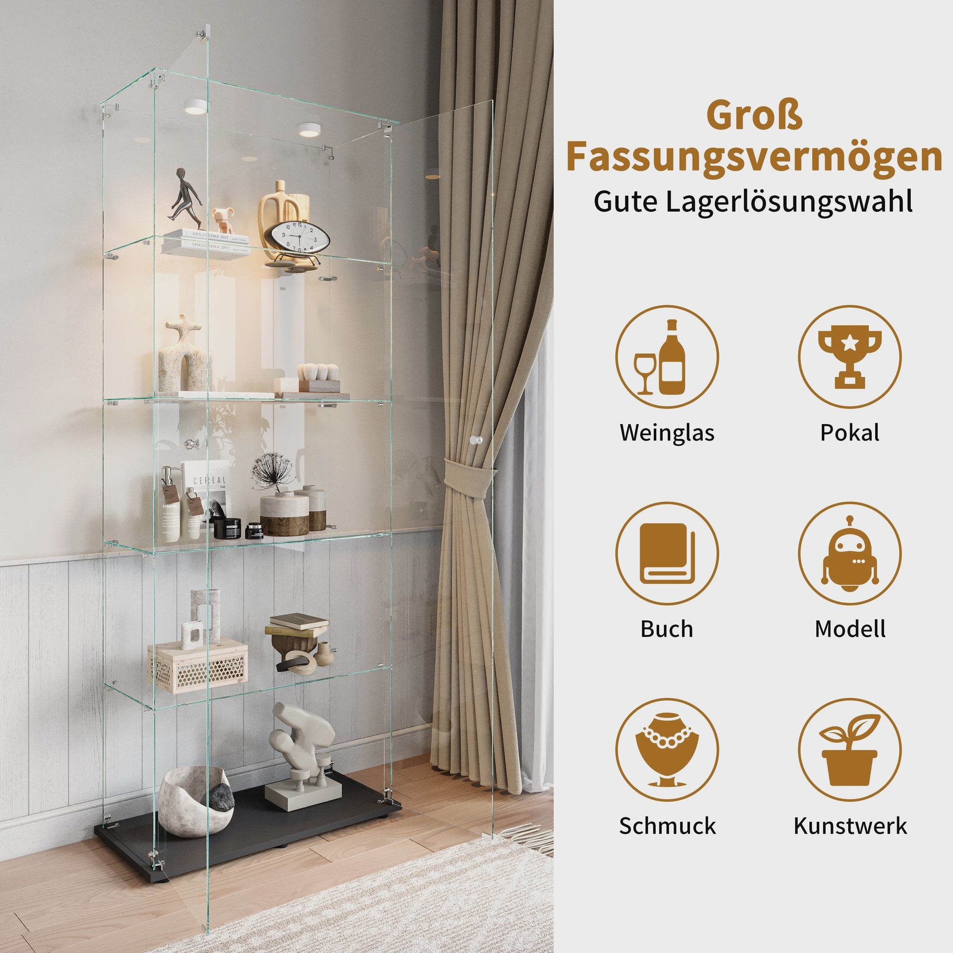 Glazen Vitrinekast met 5 Legborden, LED Verlichting en Slot - Zwart