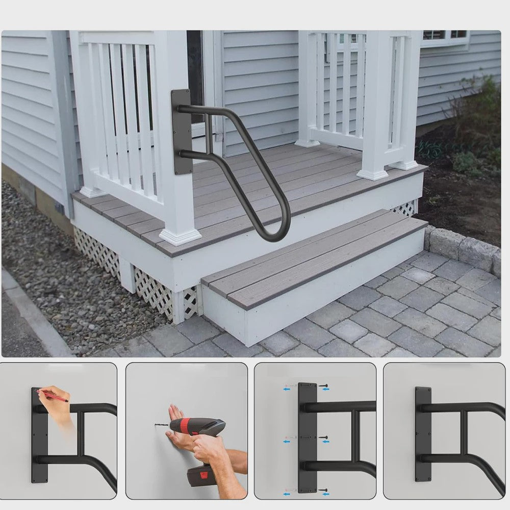 Wandmontage Trapleuning 66cm - Zwart Gesmeed IJzer - Antislip U-Grip - 220kg Belastbaar