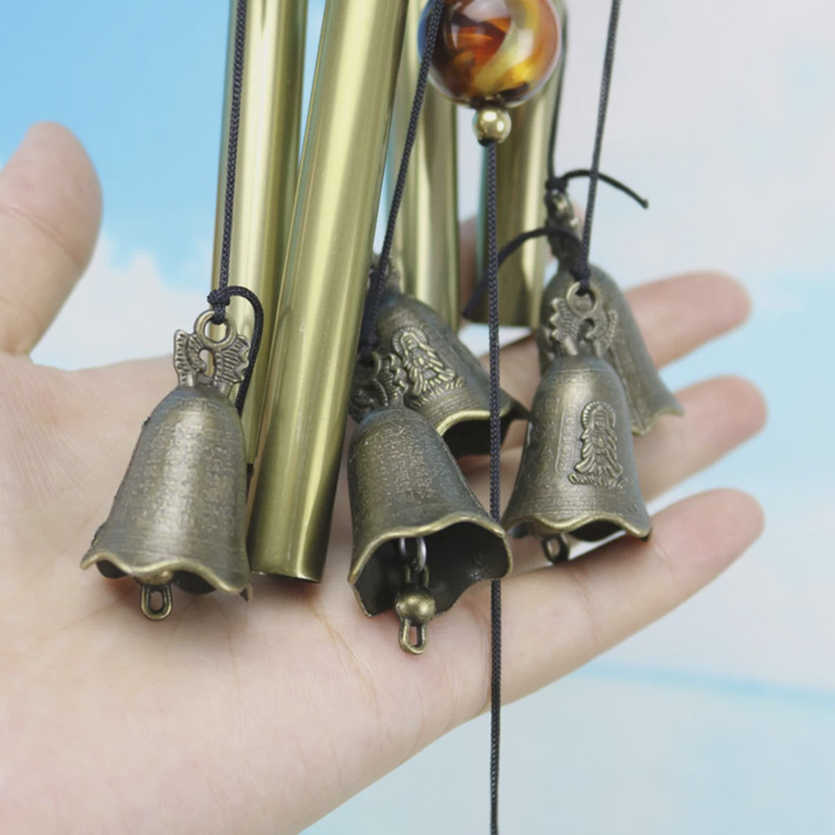 Traditionele Chinese Bronzen Windgong met 4 Buizen en 5 Bellen - Feng Shui Geluksbrenger voor Tuin en Terras