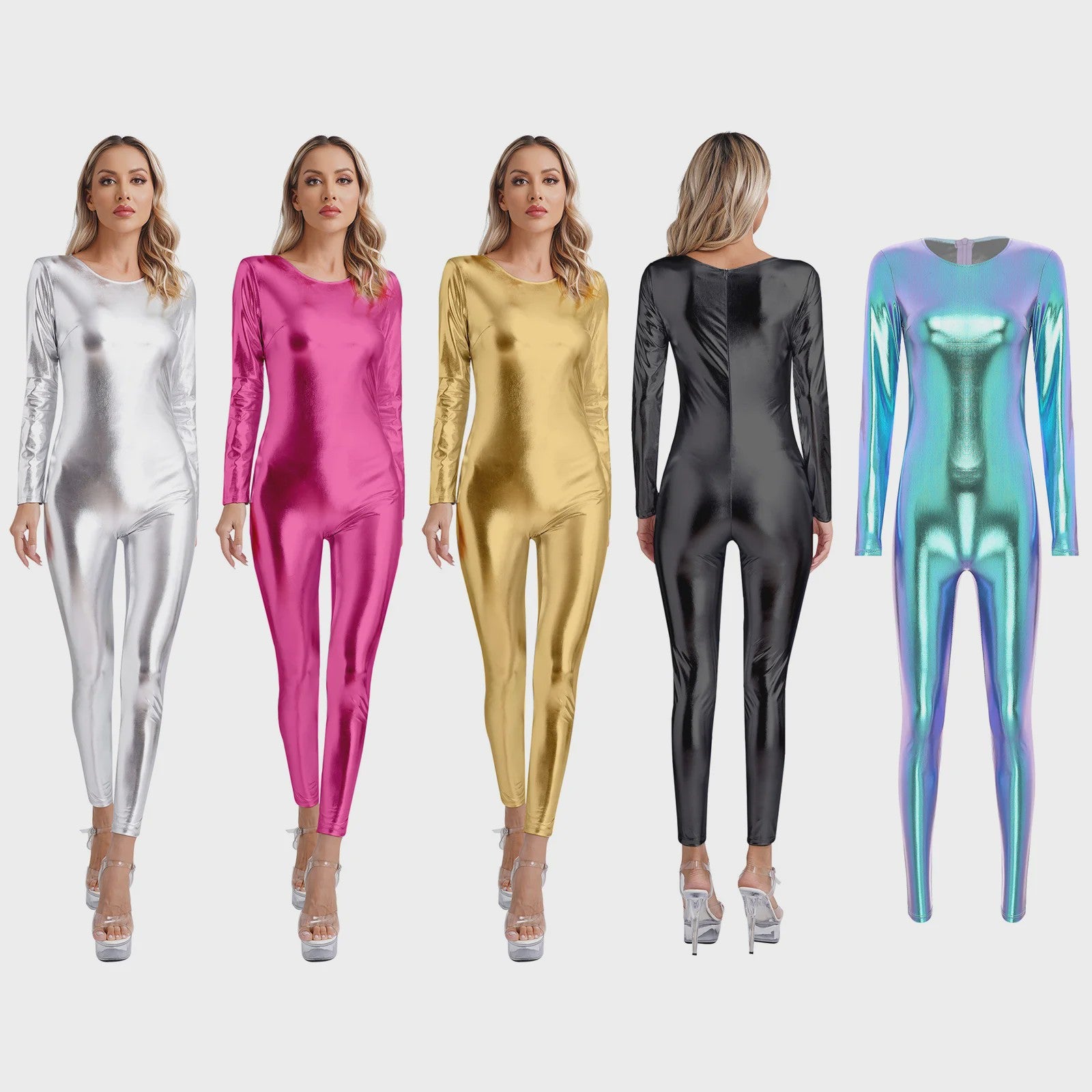 Glanzende Metallic Jumpsuit Dames - Lange Mouw Bodysuit voor Feest, Rave & Festival