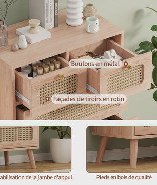Stijlvolle Houten Ladekast met Rotan Fronten - 5 Lades
