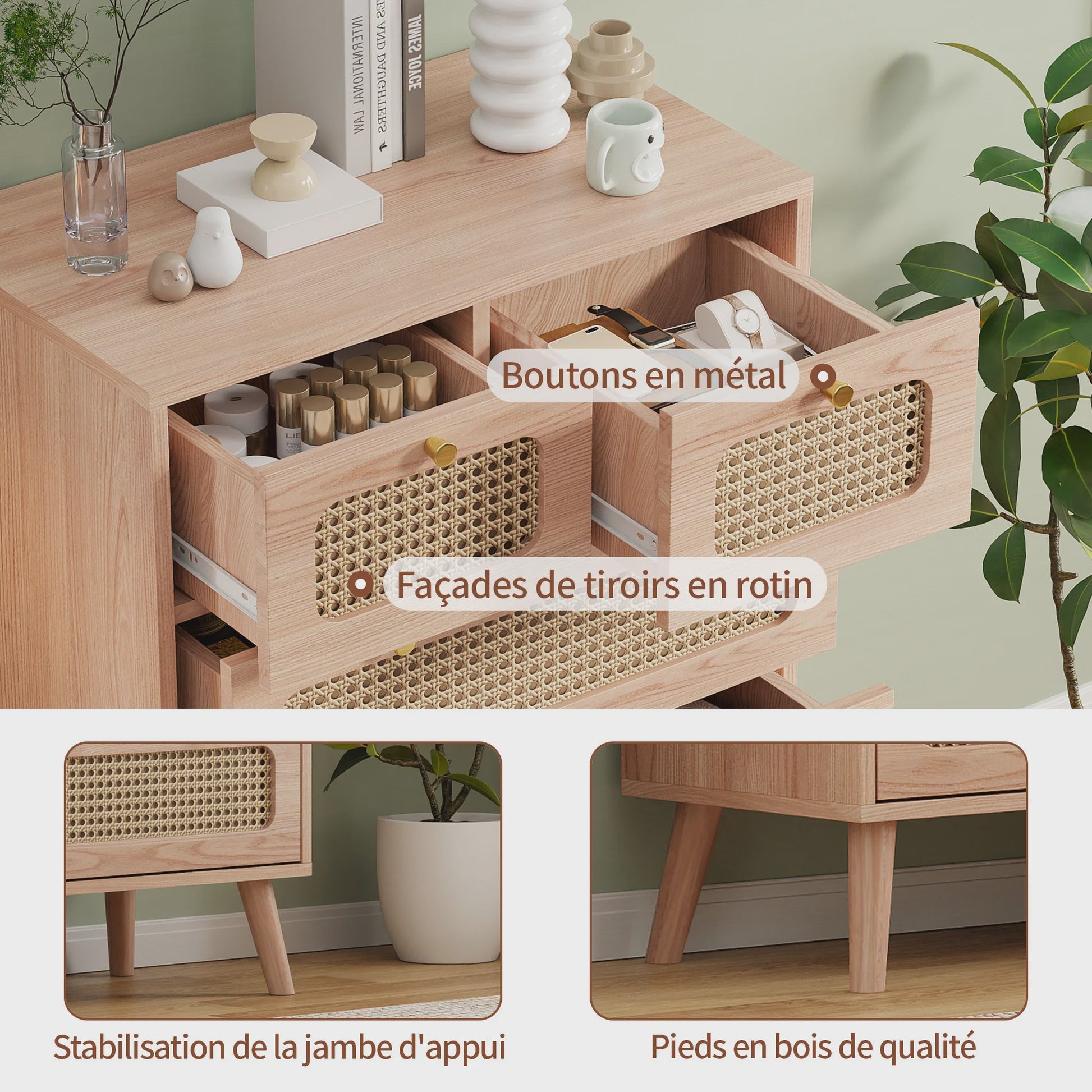 Stijlvolle Houten Ladekast met Rotan Fronten - 5 Lades