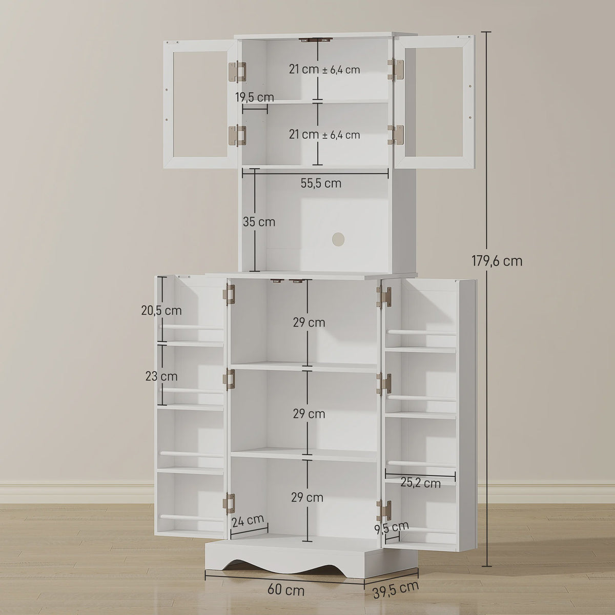 Stijlvolle Witte Buffetkast Keukenkast met Vitrine, 4 Deuren en 8 Kruidenrekken - Ideaal voor Keuken en Servies