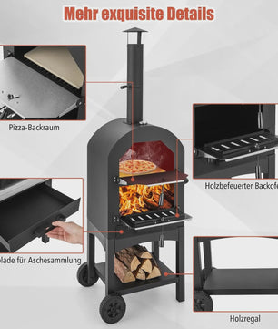 Houtgestookte Buiten Pizzaoven met Ingebouwde Thermometer, Aslade en Waterdichte Hoes