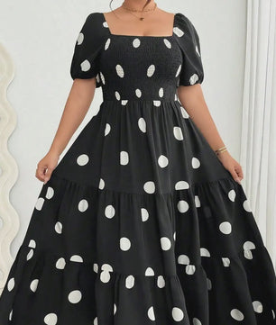 Zwarte Polka Dot Jurk met Pofmouwen en Vierkante Hals - Elegante Zomerjurk voor Dames