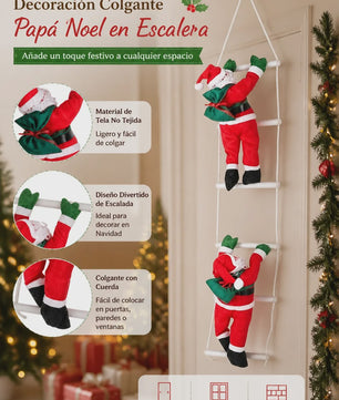 100cm Kerstman aan Ladder - Hangend Kerstdecoratie Ornament met Cadeauzak