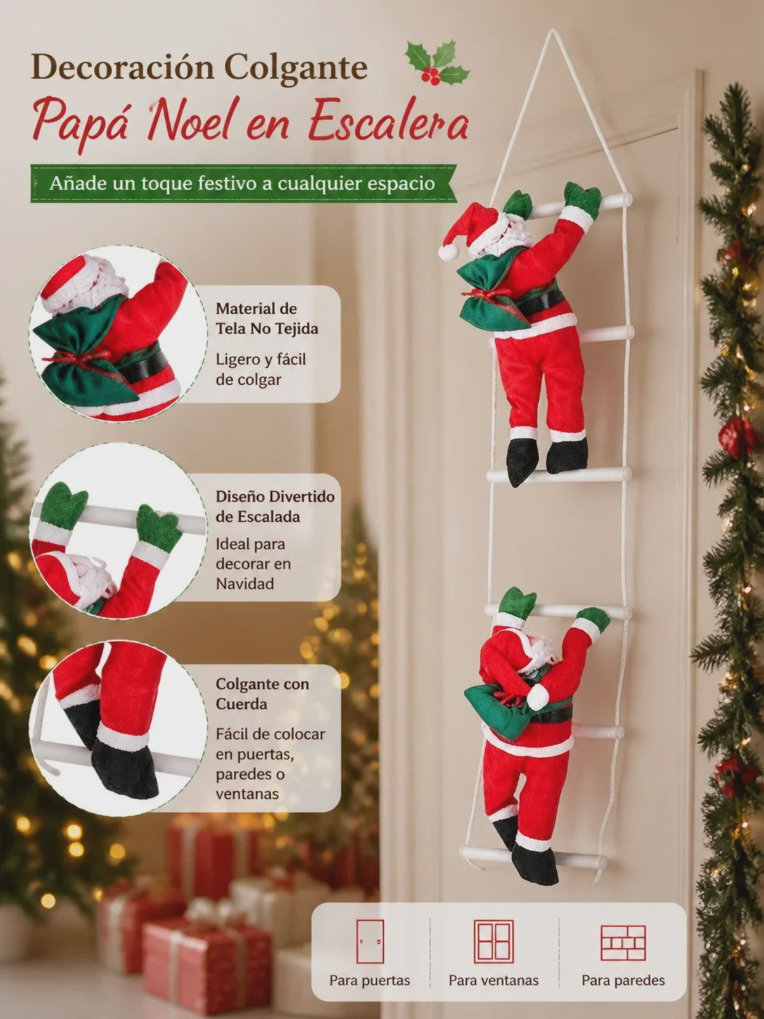 100cm Kerstman aan Ladder - Hangend Kerstdecoratie Ornament met Cadeauzak