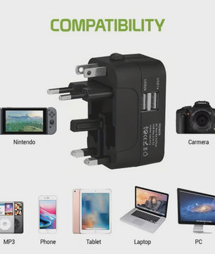 Universele Reisadapter met 2 USB & USB-C Poorten - Wereldwijd Bruikbaar