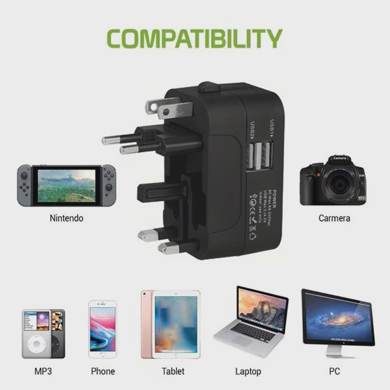 Universele Reisadapter met 2 USB & USB-C Poorten - Wereldwijd Bruikbaar
