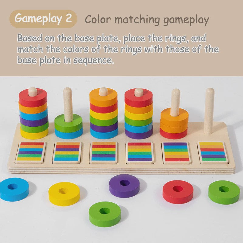Montessori Houten Regenboog Ringenspel - Kleuren Sorteren & Logisch Denken Educatief Speelgoed