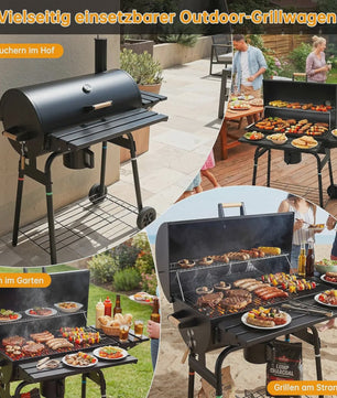 Charcoal BBQ Grillwagen met Deksel, Thermometer en Zijtafel - Perfect voor Tuinfeesten
