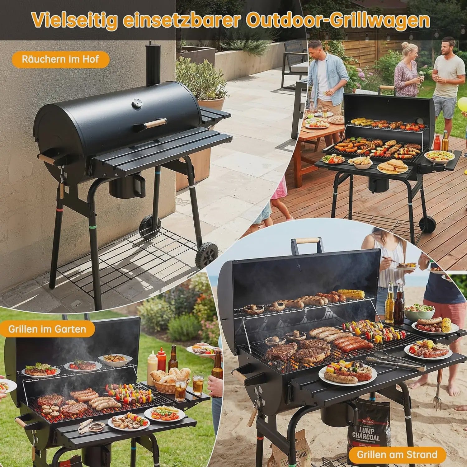 Charcoal BBQ Grillwagen met Deksel, Thermometer en Zijtafel - Perfect voor Tuinfeesten