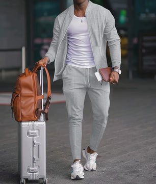 Herenset: Wafelprint Shirtjas met Rits & Casual Broek - Lente/Herfst Outfit