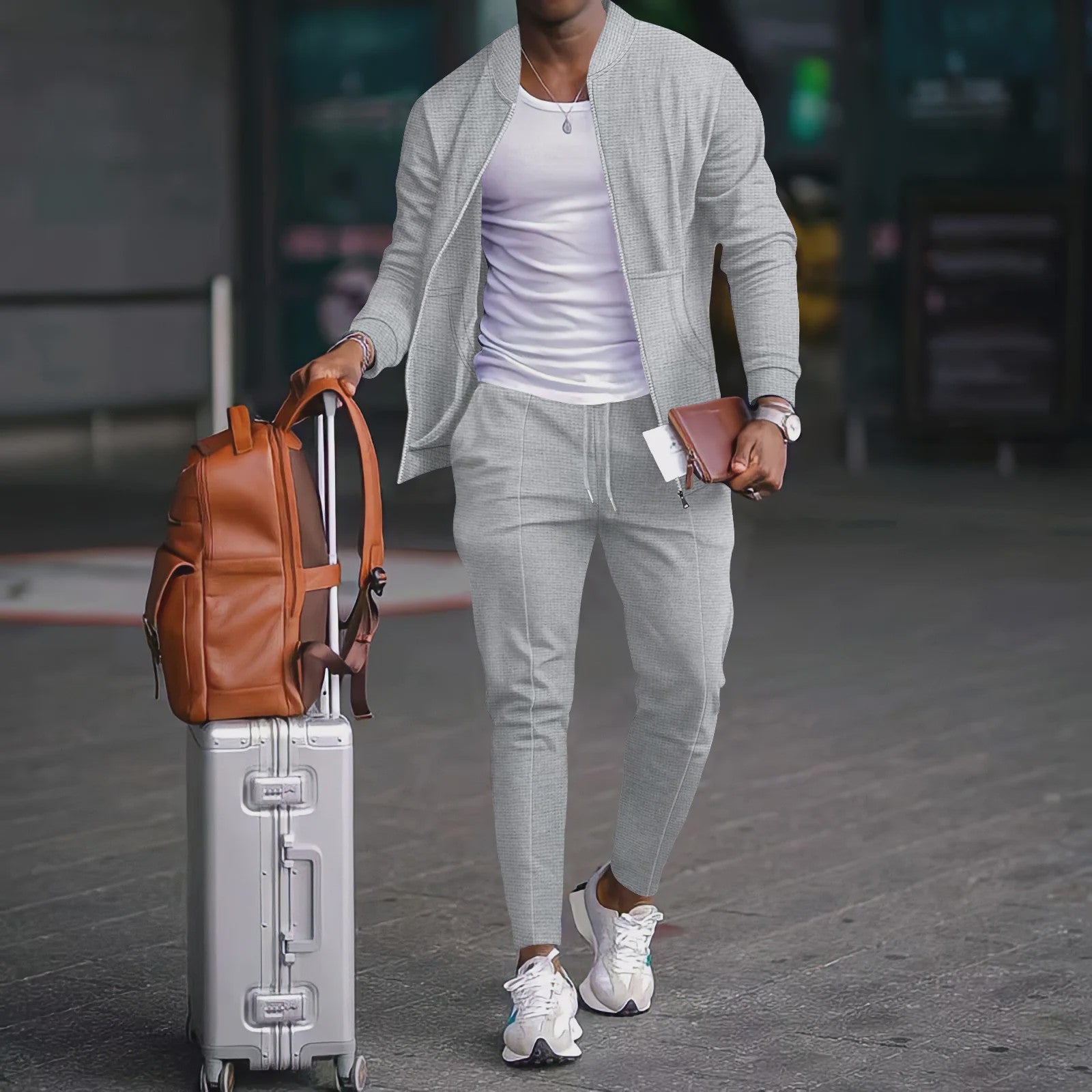 Herenset: Wafelprint Shirtjas met Rits & Casual Broek - Lente/Herfst Outfit