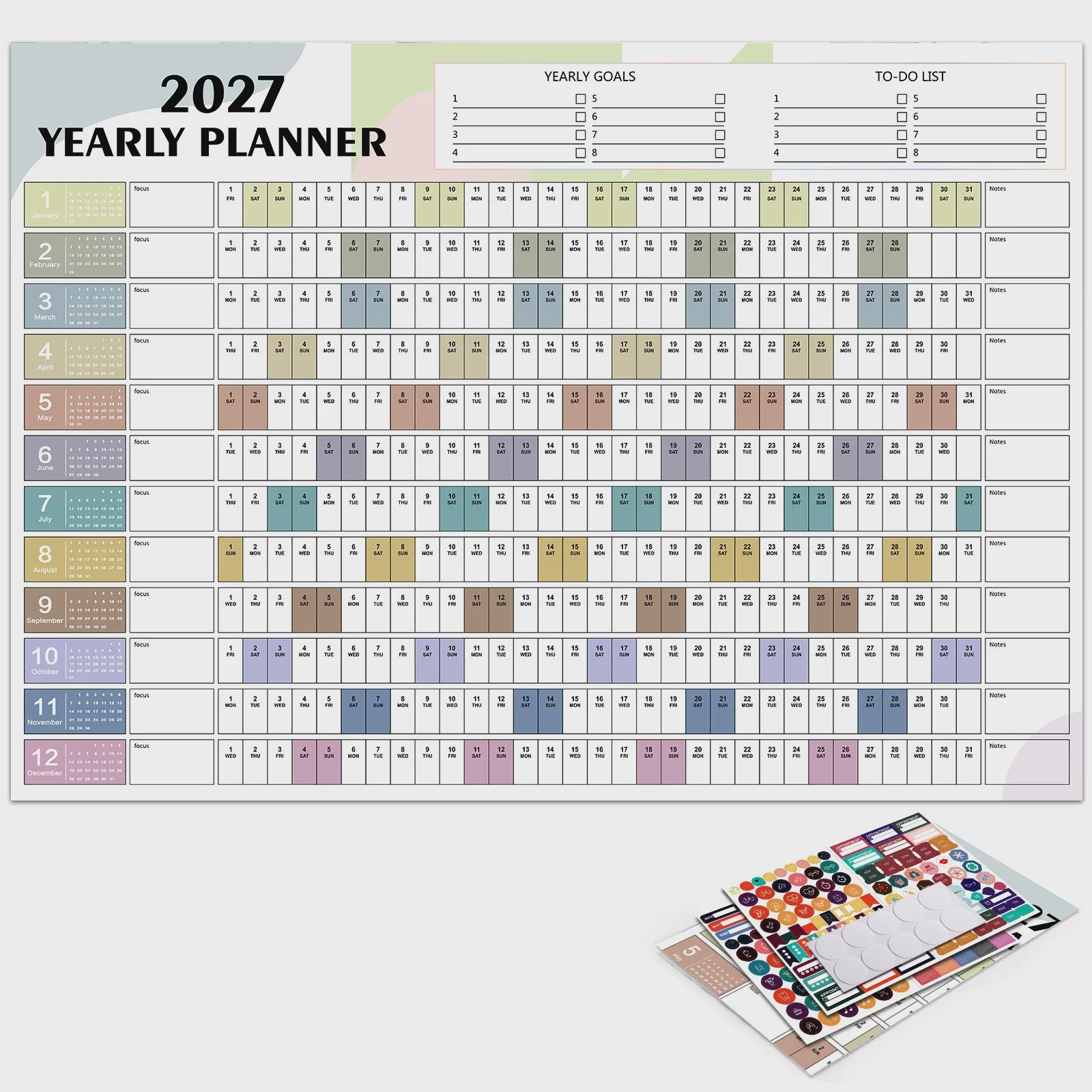 2027 Jaarplanner Kalender - Creatieve Wandkalender & Planner met Stickers