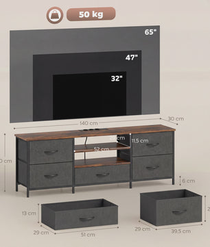 HOMCOM TV Meubel 140cm met 5 Lades, Open Planken en Laadstation - Rustiek Bruin