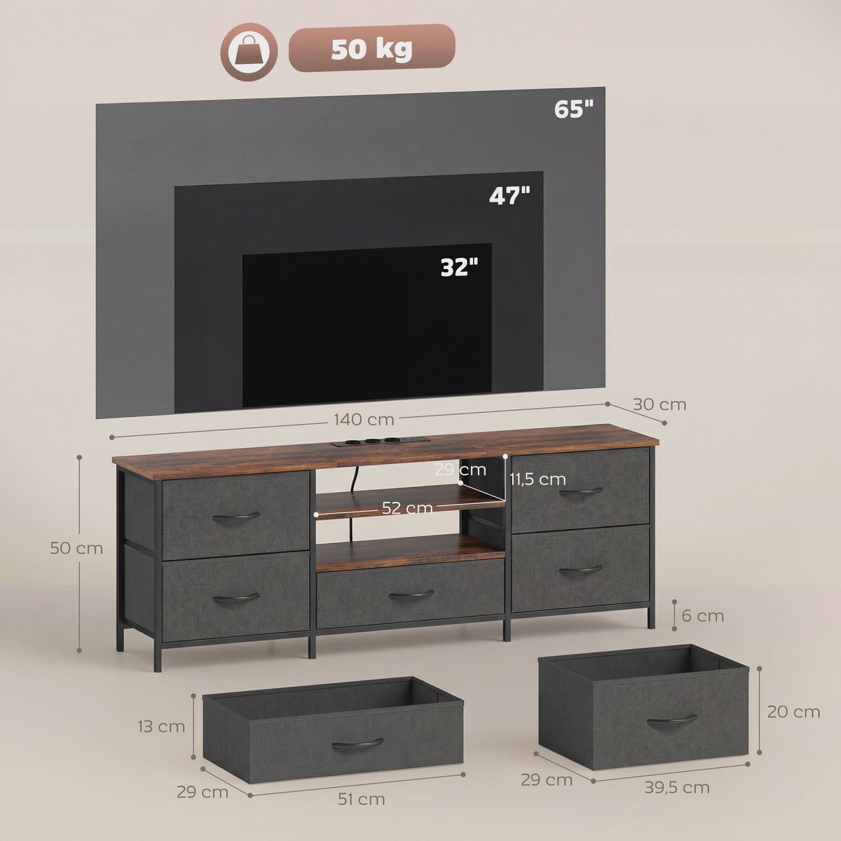 HOMCOM TV Meubel 140cm met 5 Lades, Open Planken en Laadstation - Rustiek Bruin
