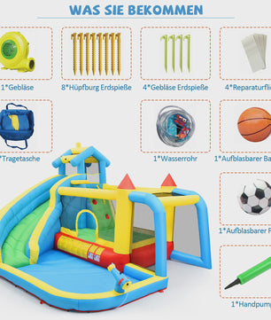 Opblaasbaar Speelkasteel met Glijbaan, Waterbad en Voetbalnet - 5-in-1 Plezier voor Kinderen (3-10 jaar)