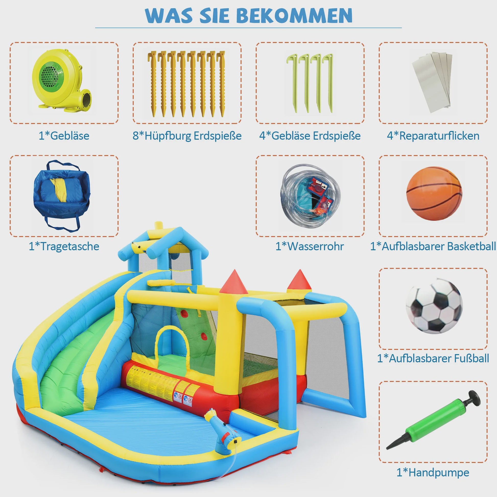 Opblaasbaar Speelkasteel met Glijbaan, Waterbad en Voetbalnet - 5-in-1 Plezier voor Kinderen (3-10 jaar)