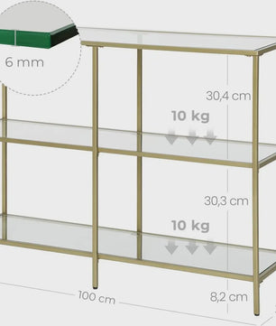 Stijlvolle Console Tafel met 3 Glazen Planken - Goudkleurig Metaal