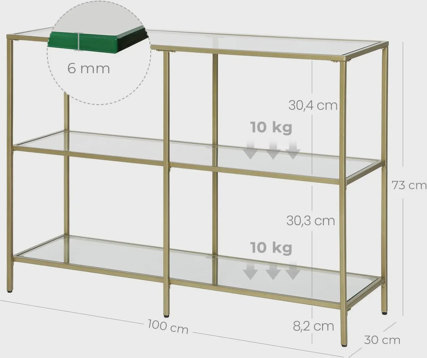 Stijlvolle Console Tafel met 3 Glazen Planken - Goudkleurig Metaal