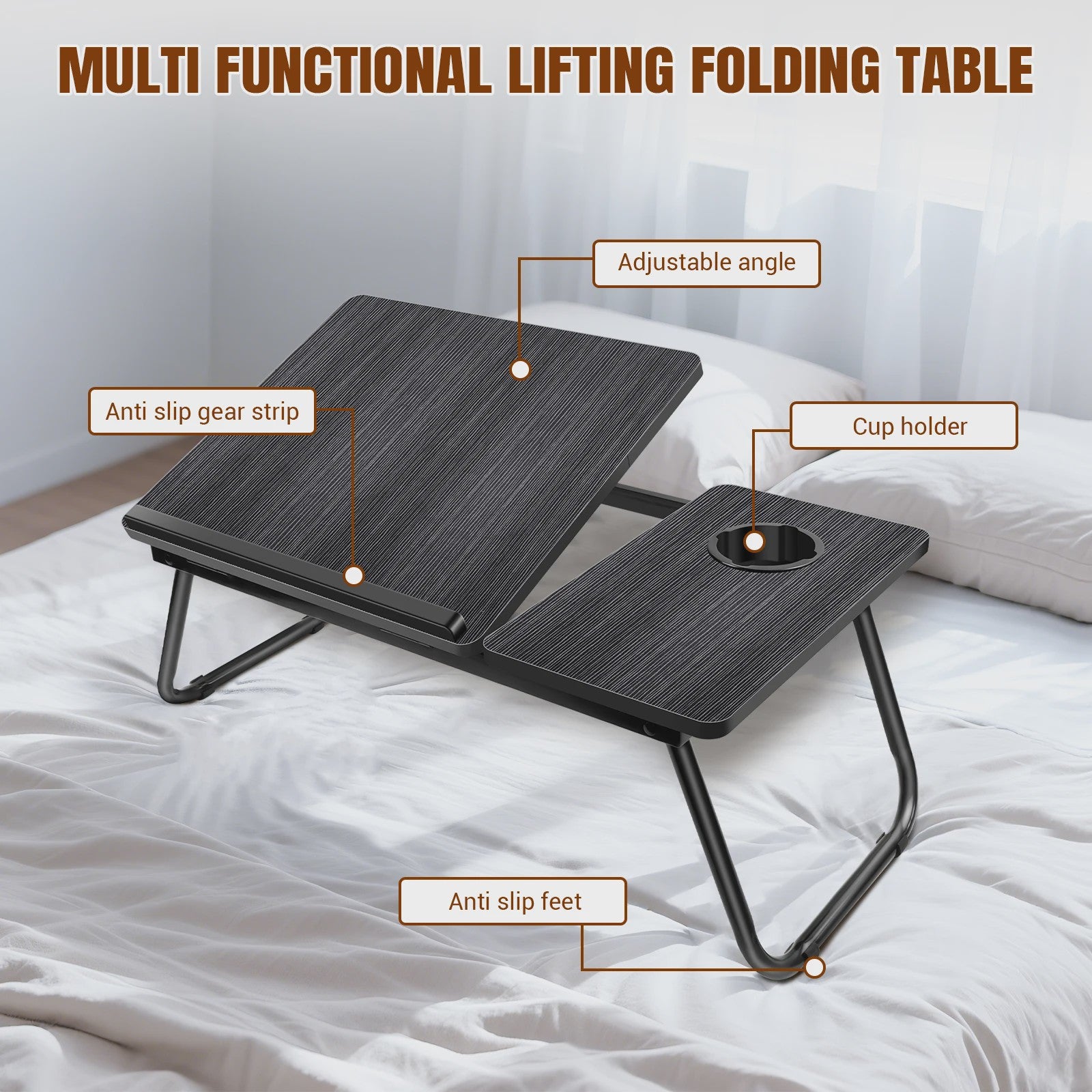 Opvouwbare Laptoptafel met 5 Hoogtestanden, Bekerhouder & Verstelbaar Bureau - Ideaal voor Bed, Bank of Balkon