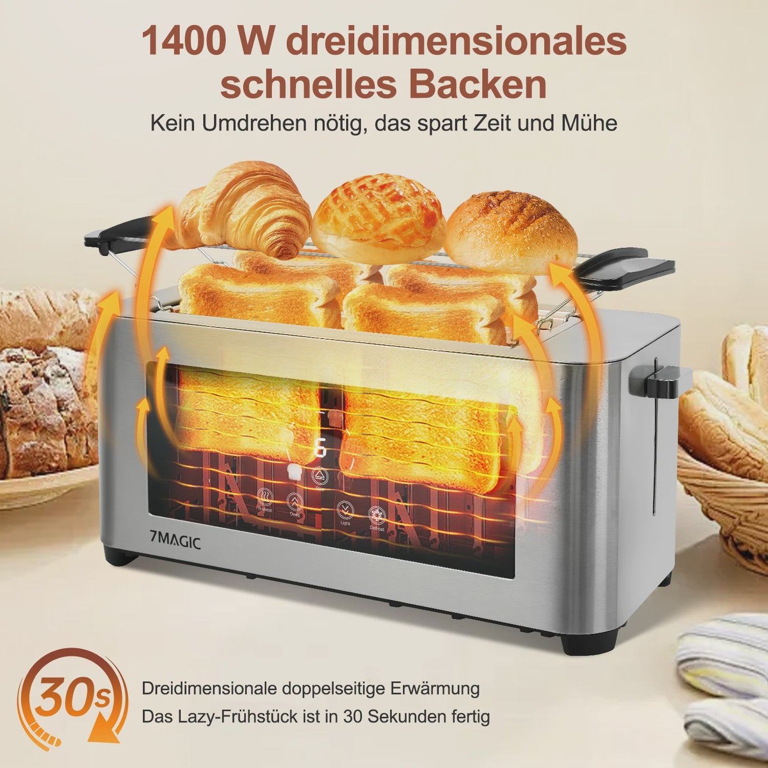RVS Broodrooster met LCD Touch Display, 1400W, 4 Sneetjes en Broodjeshouder