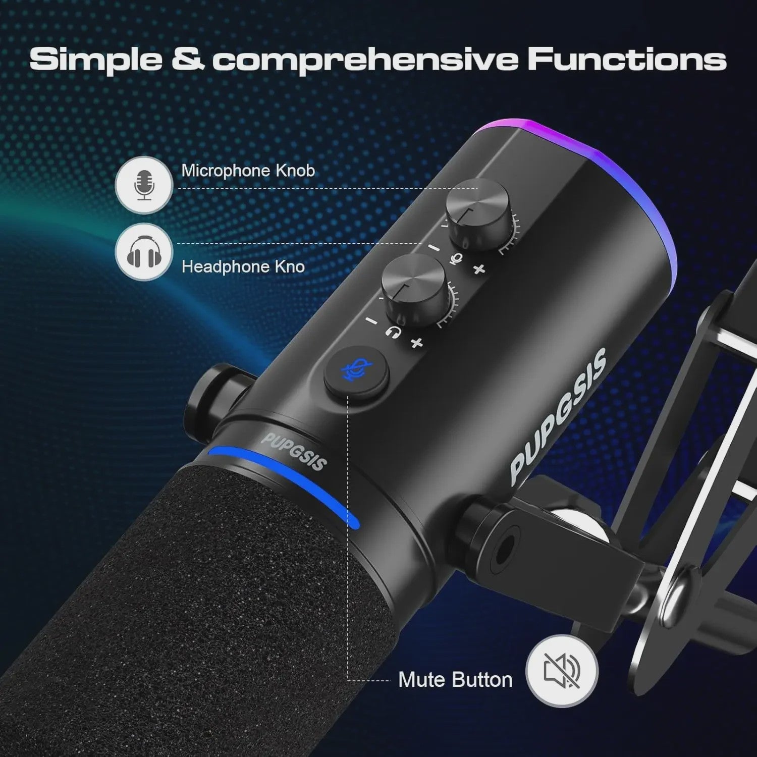 XLR/USB Gaming Microfoon Kit met Arm, RGB & Mute Functie