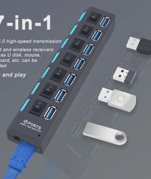 USB Hub 3.0/2.0 met 4 of 7 poorten, individuele schakelaars en LED-indicatoren