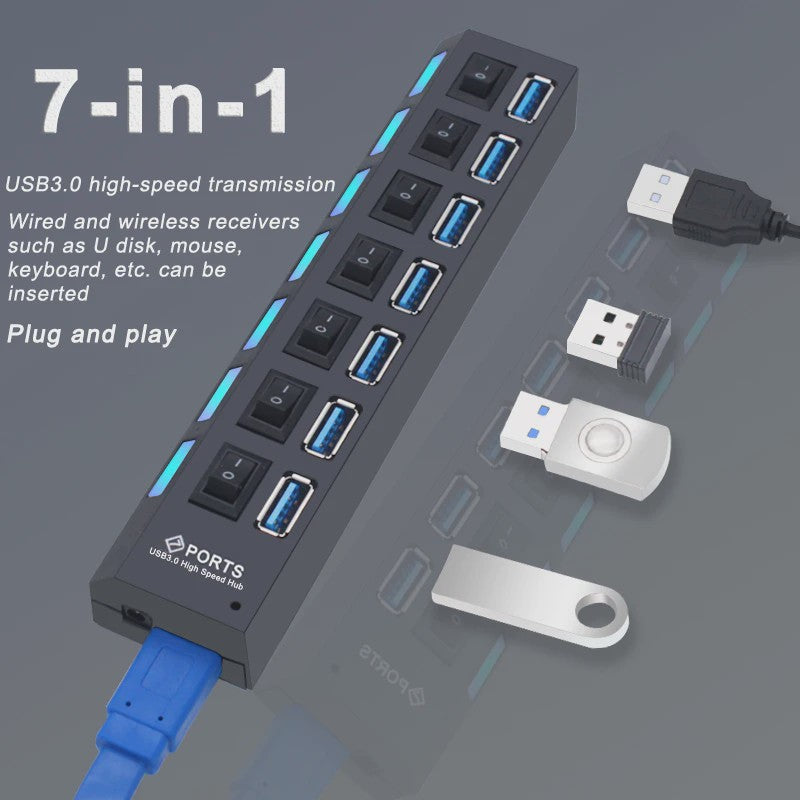 USB Hub 3.0/2.0 met 4 of 7 poorten, individuele schakelaars en LED-indicatoren