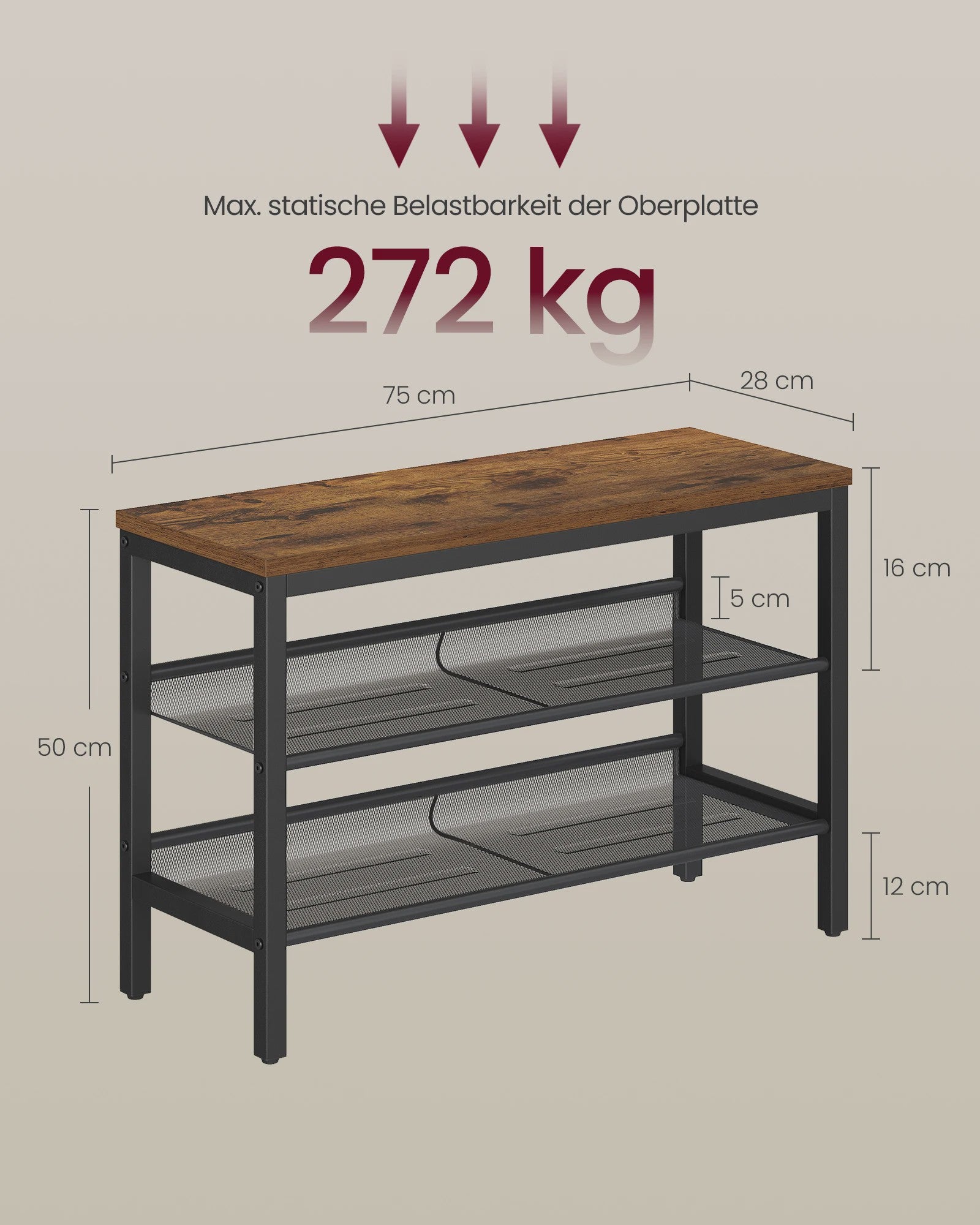 VASAGLE 3-laags Schoenrek - Industrieel Design met Verhoogde Randen