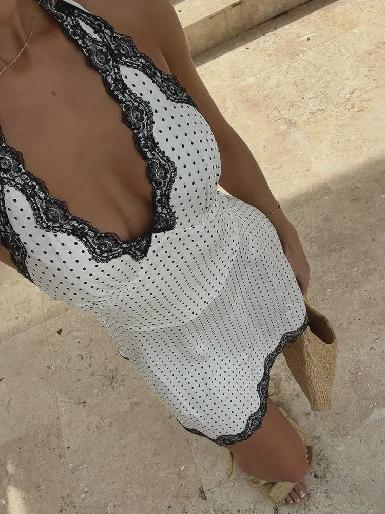 Dot Mini A-Line Dresses For Women Fashion Sexy Streetwear Halter V-Neck Backless Sheath Sleeveless Vestidos Robes Female Slim