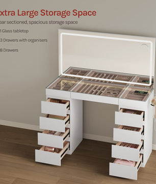 WOLTU Kaptafel met LED Spiegel, 11 Lades, Glazen Top & Oplaadpunt - Luxe Make-up Tafel