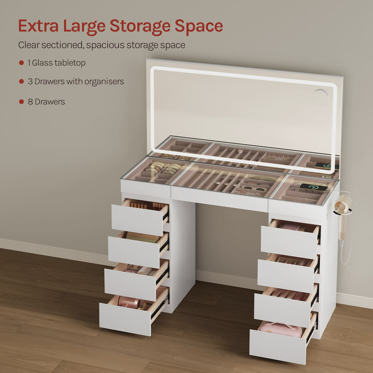 WOLTU Kaptafel met LED Spiegel, 11 Lades, Glazen Top & Oplaadpunt - Luxe Make-up Tafel