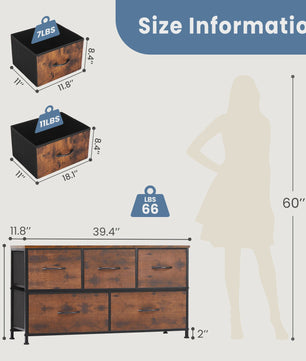 Stijlvolle Ladekast met 5 Stoffen Lades - Stalen Frame - Hout-look