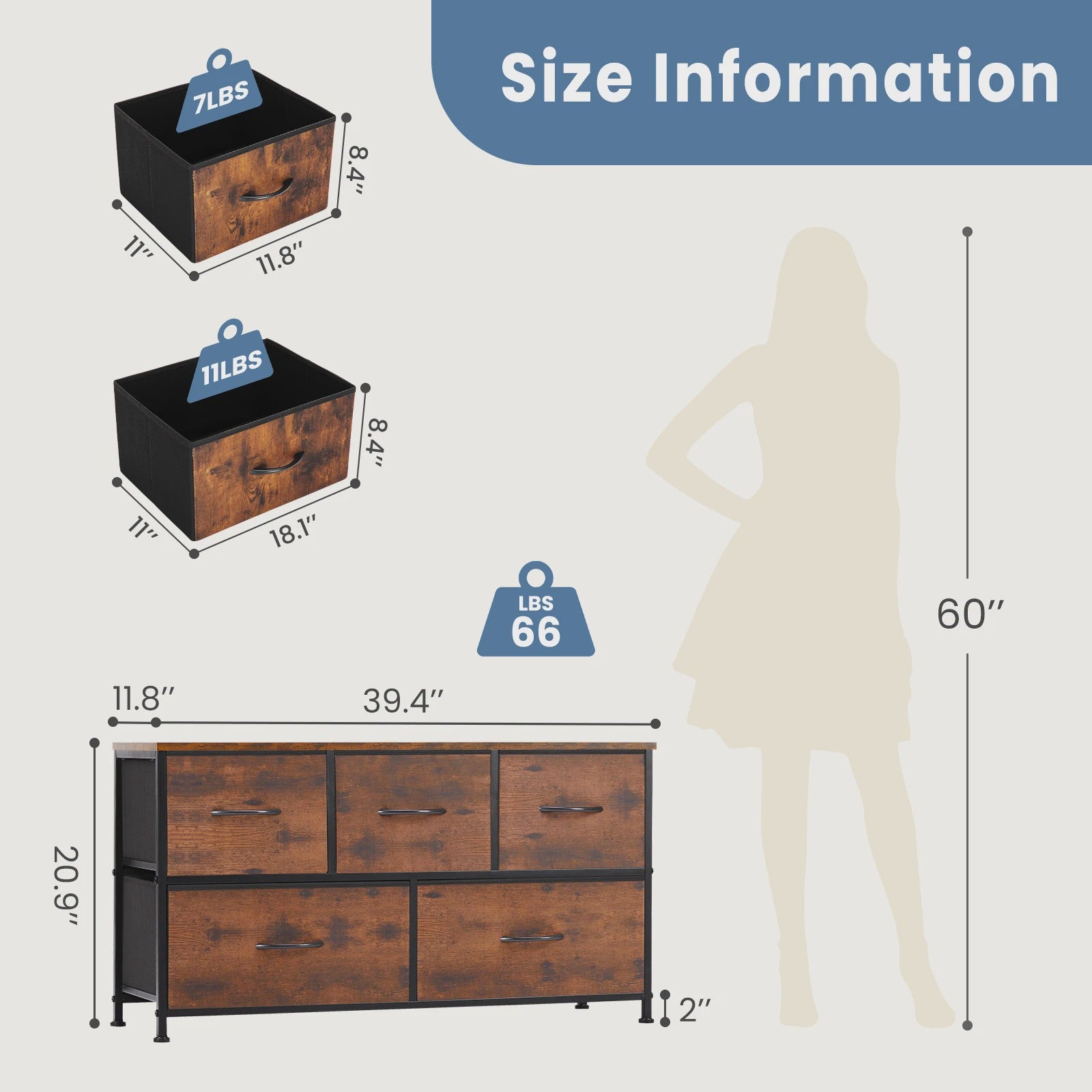 Stijlvolle Ladekast met 5 Stoffen Lades - Stalen Frame - Hout-look