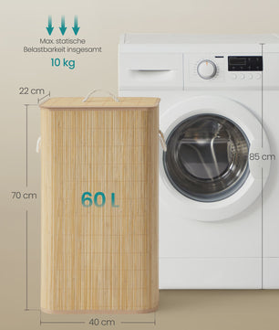 Songmics Bamboe Wasmand met Deksel - 60L, Opvouwbaar, Natuurlijk