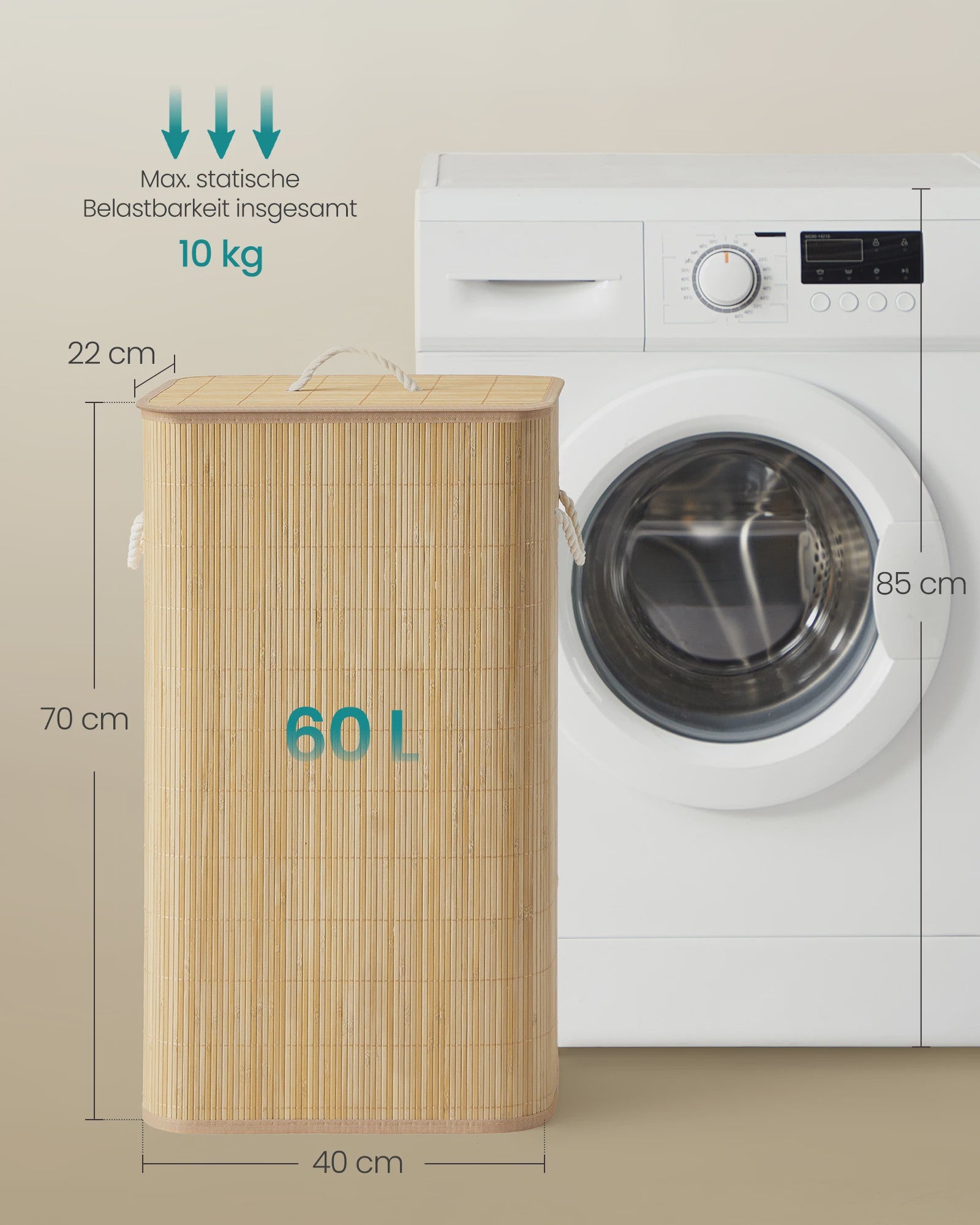 Songmics Bamboe Wasmand met Deksel - 60L, Opvouwbaar, Natuurlijk