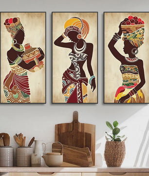 Set van 3 Afrikaanse Vrouwen Canvas Schilderijen - Vintage Wanddecoratie