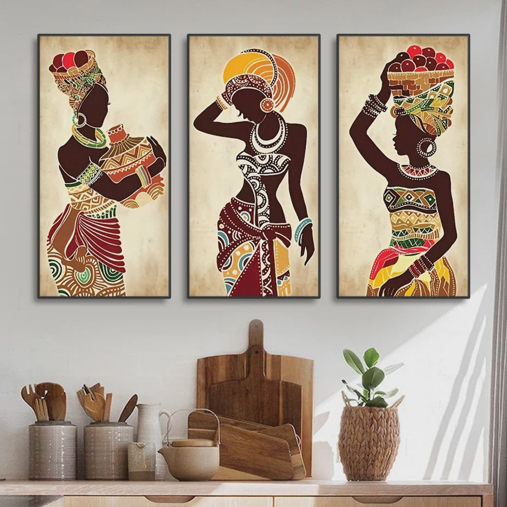 Set van 3 Afrikaanse Vrouwen Canvas Schilderijen - Vintage Wanddecoratie