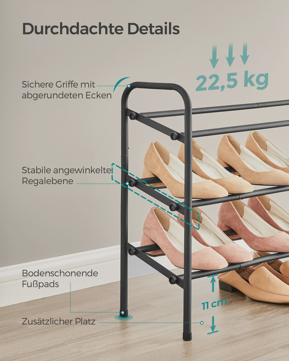 SONGMICS 3-laags Verstelbaar Schoenenrek - Metalen Vloerrek voor Hal & Garderobe