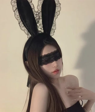Luxe Bunny Oor Hoofdband met Kant en Bijpassend Oogmasker - Sexy Accessoire