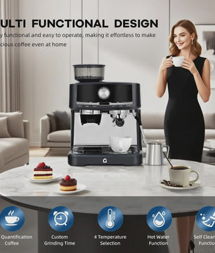 HiMISS Volautomatische Espressomachine met Ingebouwde Grinder en Melkopschuimer - 15 Bar