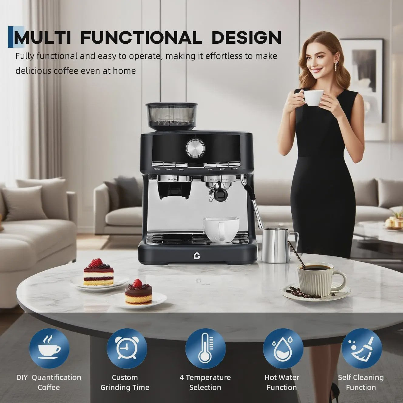 HiMISS Volautomatische Espressomachine met Ingebouwde Grinder en Melkopschuimer - 15 Bar