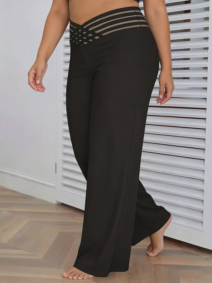 Plus Size Elegante Palazzo Broek met Crisscross Mesh Tailleband
