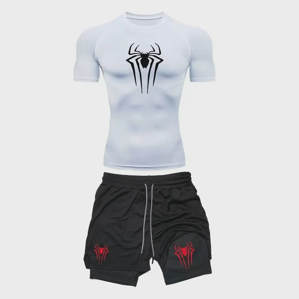 Heren Sport Set: Compressie T-shirt & Short met Spider Print